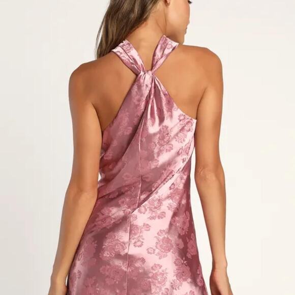 Lulus NEW Got the Key Mauve Satin Floral Jacquard Halter Mini Dress Women Medium - Picture 2 of 14